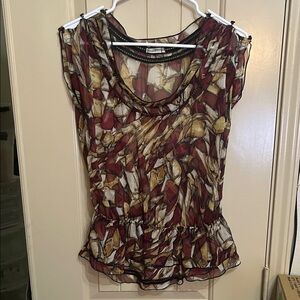 Gibson 100% Silk Burgundy and Gold Abstract Blouse